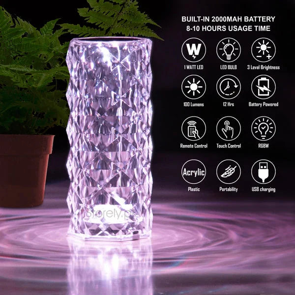 Rose Crystal LED Table Lamp – 16 Colors, Touch & Remote Control