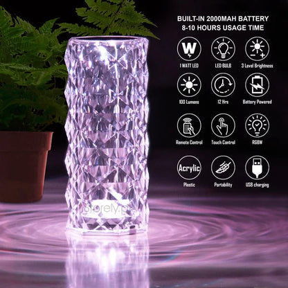 Rose Crystal LED Table Lamp – 16 Colors, Touch & Remote Control